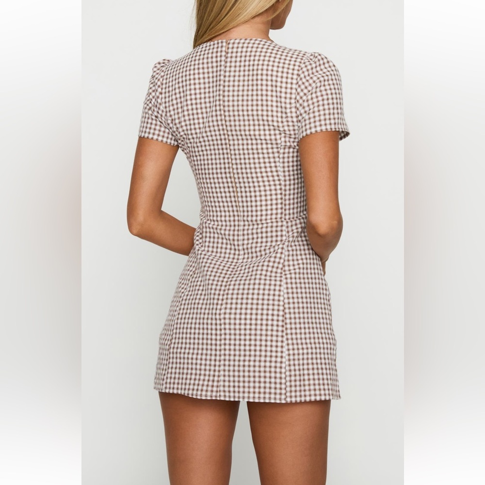 Checked Mini Dress with Button Front - Cream & Brown - Picture 3 of 3
